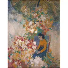 Ángel Zárraga, Fleuriste lisant, Óleo sobre cartoncillo