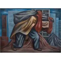 Francisco Eppens Helgueras, Albañil con costal, 1986, Óleo sobre masonite