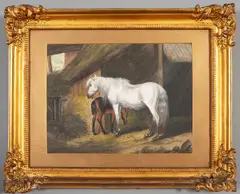 H Brocas, Horses And Foal In A Stable, Watercolour