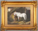 H Brocas, Horses And Foal In A Stable, Watercolour