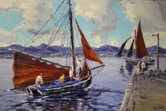 Ivan Sutton, Hauling The Mainsail, Roundstone Hardbour, Co. Galway, Oil on board