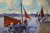 Ivan Sutton, Hauling The Mainsail, Roundstone Hardbour, Co. Galway, Oil on board
