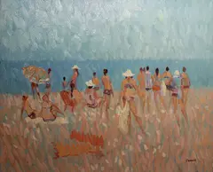 Desmond Carrick, Sultry Day With Bathers, Burriana Beach Nerja, Oil on board