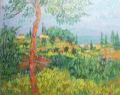 Desmond Carrick, Pine Trees Above Nerja, Oil on board
