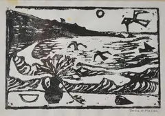 Jane O'Malley, Still Life And Sea, Linocut print