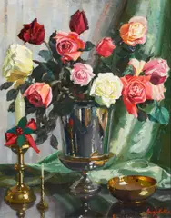 George Joseph Collie, Still Life With Vase Of Flowers, Oil on board