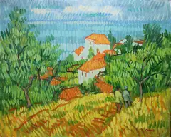 Walking The Hills, Nerja by Desmond Carrick, Oil on board, sold May 2020
