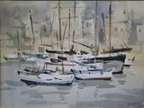 Desmond Carrick, Boats Roundstone Harbour, c.1950, Watercolour