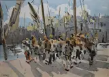 Desmond Carrick, Figures On The Pier, Watercolour