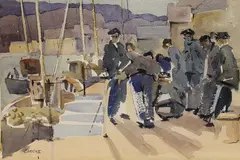 Desmond Carrick, Fishermen On The Pier, Watercolour on paper