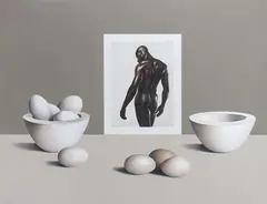 Adam With Eggs by Liam Belton, Oil on canvas, sold Jul 2020