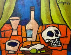 F. N. Souza, Still Life with Skull, Acrylic on Paper