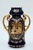 Chinese Porcelain Vase, Untitled, A fine Chinese export porcelain, c.1980s, cobalt blue glaze flower vase with handles, with gold transfer print, depicting an European (probably French) court scene. Marked at bottom with globe and ins