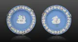 Pair Of Wedgwood Plates, Untitled, A pair of original miniature Wedgwood Jasperware wall plates or ashtrays, classic blue with neoclassical white relief, from 1950s-1970s. Marked Wedgwood 'R', Made in England.