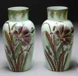 Pair Of Mint Green Opaline Vases, Untitled, A pair of hand painted, baluster shaped, late Victorian period (1850 - 1901), soft mint green Opaline glass vases depicting irises, foliage and leaves. Unmarked.