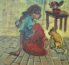 K. G. Subramanyan, Untitled (Woman with her pet), Mixed Media on Paper