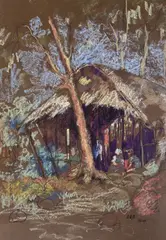 K. H. Ara, Untitled (Village scene with Hut), Pastel & crayon on brown paper