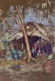 K. H. Ara, Untitled (Village scene with Hut), Pastel & crayon on brown paper