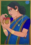 Lalu Prasad Shaw, Untitled (Lady in blue Sari holding an apple), Gouache on paper