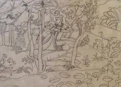 K. K. Hebbar, Untitled (Krishna consoling Radha), Pencil sketch on paper