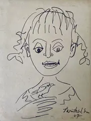 Paritosh Sen, Untitled (Girl with a Bird), Pen & Ink on Paper Pasted on Mount Board