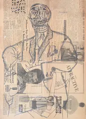 F. N. Souza, Gentlemen, Pen & Ink on Newspaper