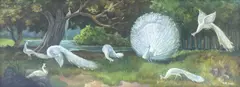 F M Soofi, Untitled (White Peacocks), Oil on Board