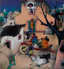 A. A. Raiba, Rajasthan (Street Scene), Oil on jute cloth