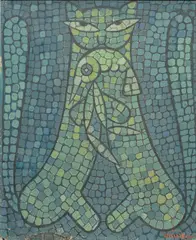 Jamini Roy, Untitled (Cat With Shrimp), Gouache on cardboard