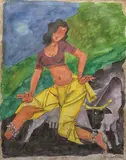Untitled (Madhuri As Gaja Gamini On Cow) by M. F. Husain, Watercolour on paper, sold Jun 2014
