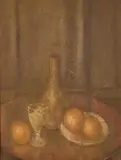 Joanna Leslie, Oranges By Firelight Ii, Oil on canvas (possibly card laid to canvas)