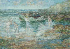 John Falconer Slater, Children Paddling On The Beach, Oil and watercolour on paper