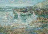 John Falconer Slater, Children Paddling On The Beach, Oil and watercolour on paper