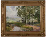 Alois Arnegger, River Landscape With Man Pulling A Cart, Oil on canvas