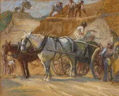 Mark Senior, Busy Scene With Horses And Carts On The Sandsend To Whitby Road, Pastel