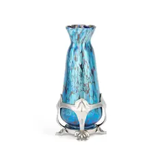Loetz, A Loetz Blue Papillon Vase In A Pewter Mount By Van Hauten, glass