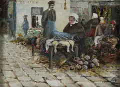 Arthur Beaumont, Two Oils, European Market Scene And Girl In A Landscape, Oil on canvas board