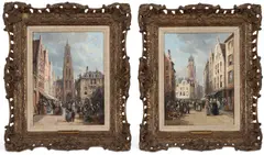 Charles Kuwasseg, A Pair Of French Town Scenes, 1874, Oil on panel