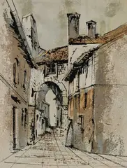 Bernard Dufour, Street Scene, Oil on board