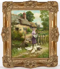 Frank B. Jowett, Woman Feeding Ducks Outside A Cottage, Oil on canvas