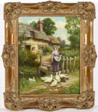 Frank B. Jowett, Woman Feeding Ducks Outside A Cottage, Oil on canvas