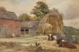 Charles James Adams, A Pair Of Views, A Farmstead And Town Street, Watercolour
