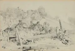 John Mole, Sketch With Cottages And Castle, 1851, pencil drawing of Cherrybrooke Bridge, Dartmoor Mole: