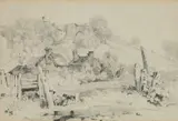 John Mole, Sketch With Cottages And Castle, 1851, pencil drawing of Cherrybrooke Bridge, Dartmoor Mole: