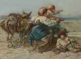 Guido Bach, Mother And Children Looking Out To Sea, 1883, Watercolour