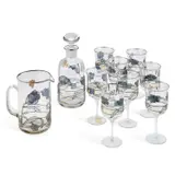 A Nagel 'Tiffany' Pattern Glass Drinks Service by Tiffany Studios, glass jug with spout, a decanter and stopper and eight stemmed wine glasses, sold Jan 2026
