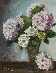 Owen Bowen, Still Life Of Hydrangeas In A Vase, Oil on board