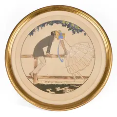 Ettore Tito, Couple On A Fence, pencil Colour print Diameter