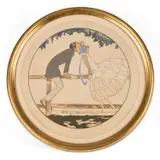 Ettore Tito, Couple On A Fence, pencil Colour print Diameter