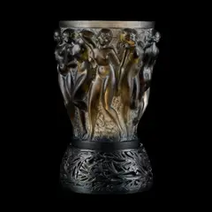 René Lalique, René Lalique (French, 1860–1945), A Topaz 'Bacchantes' Vase With Bronze Stand, glass, press-moulded, frosted and polished, wheel-cut R